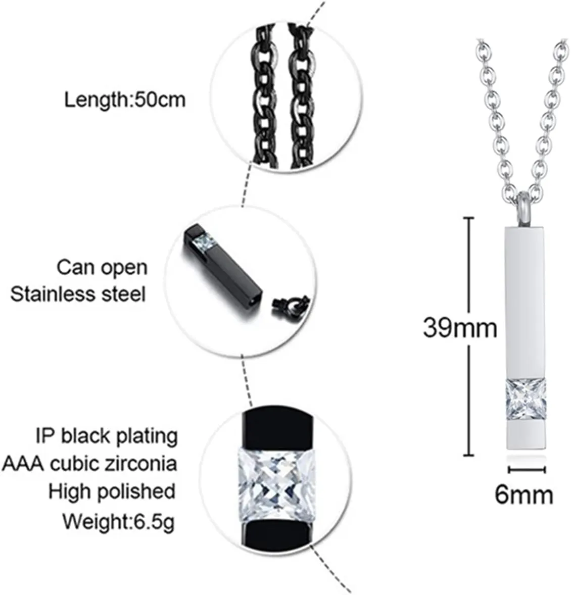 Urn Necklaces for Ashes Stainless Steel Bar Pendant Necklace Cube Memorial Ashes Necklace Crystal Cremation Urn Pendant for Men