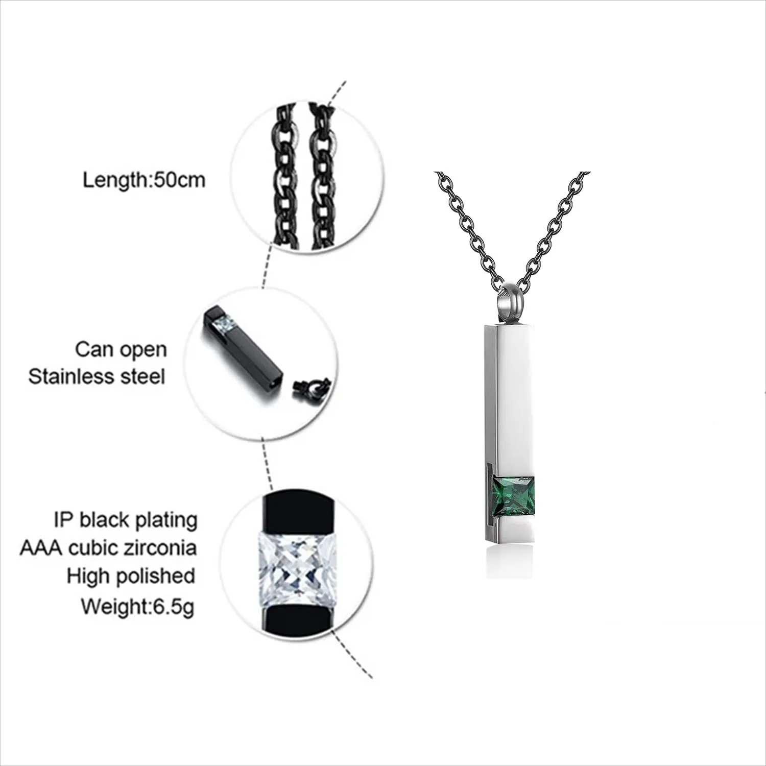 Urn Necklaces for Ashes Stainless Steel Bar Pendant Necklace Cube Memorial Ashes Necklace Crystal Cremation Urn Pendant for Men