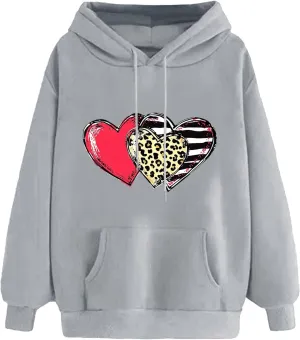 Valentines Day Hoodies for Women Love Heart Graphic Sweatshirt Drawstring Oversized Hoodie Cute Pullover with Pockets