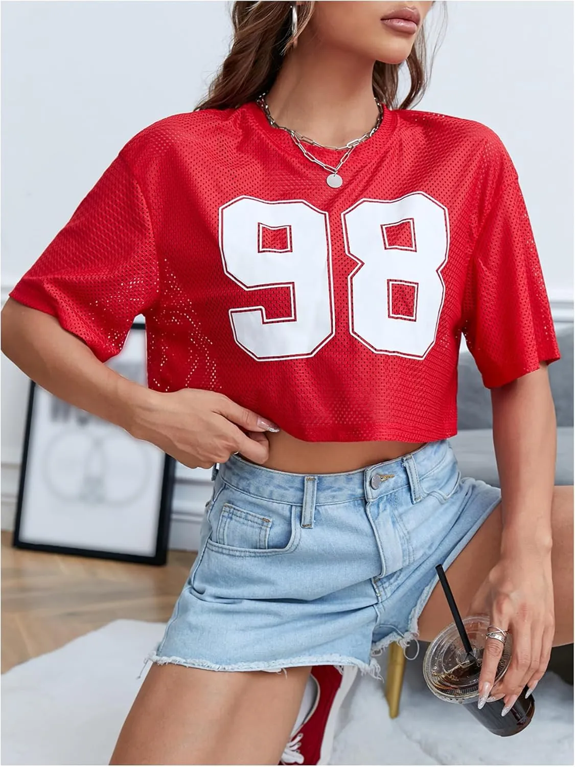 Verdusa Women's Cropped Jersey Shirts Graphic Tees Waffle Short Sleeve Vintage T Shirts Crop Tops