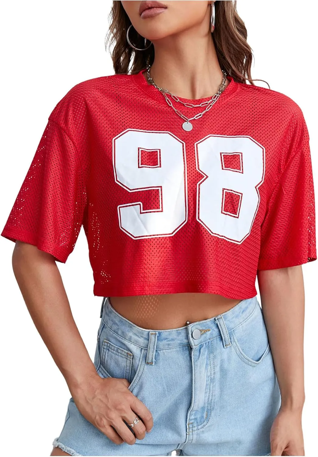 Verdusa Women's Cropped Jersey Shirts Graphic Tees Waffle Short Sleeve Vintage T Shirts Crop Tops