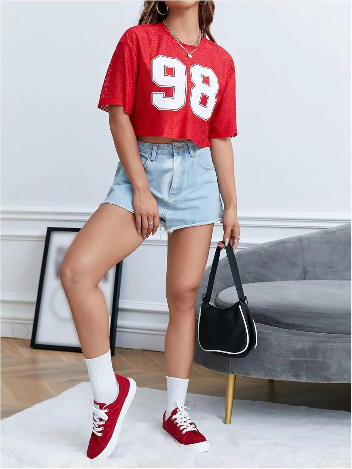 Verdusa Women's Cropped Jersey Shirts Graphic Tees Waffle Short Sleeve Vintage T Shirts Crop Tops
