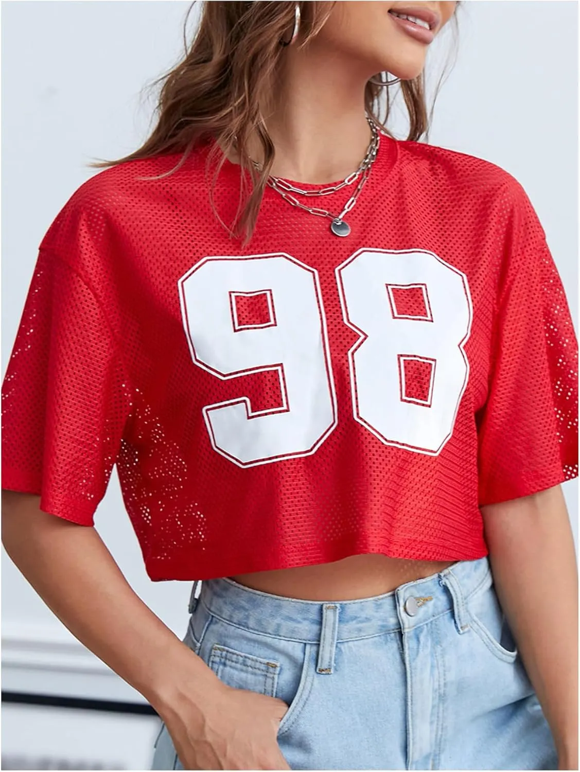 Verdusa Women's Cropped Jersey Shirts Graphic Tees Waffle Short Sleeve Vintage T Shirts Crop Tops
