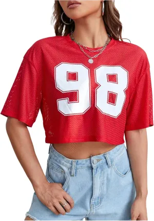 Verdusa Women's Cropped Jersey Shirts Graphic Tees Waffle Short Sleeve Vintage T Shirts Crop Tops