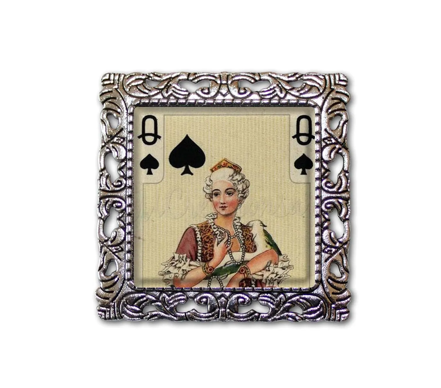 Victorian Style Queen of Spades Face Playing Card Handmade Square Glass Baroque Style BROOCH or Pin Jewelry (Antique Silver Tone)