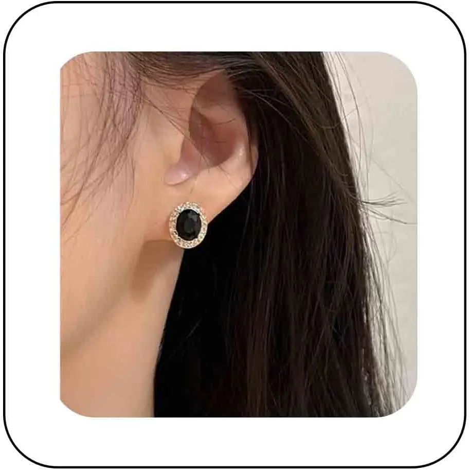 Vintage Crystal Onyx Stud Earrings Black Gemstone Earrings Gold Oval Onyx Earrings Black CZ Rhinestone Stud Earrings Jewelry for Women