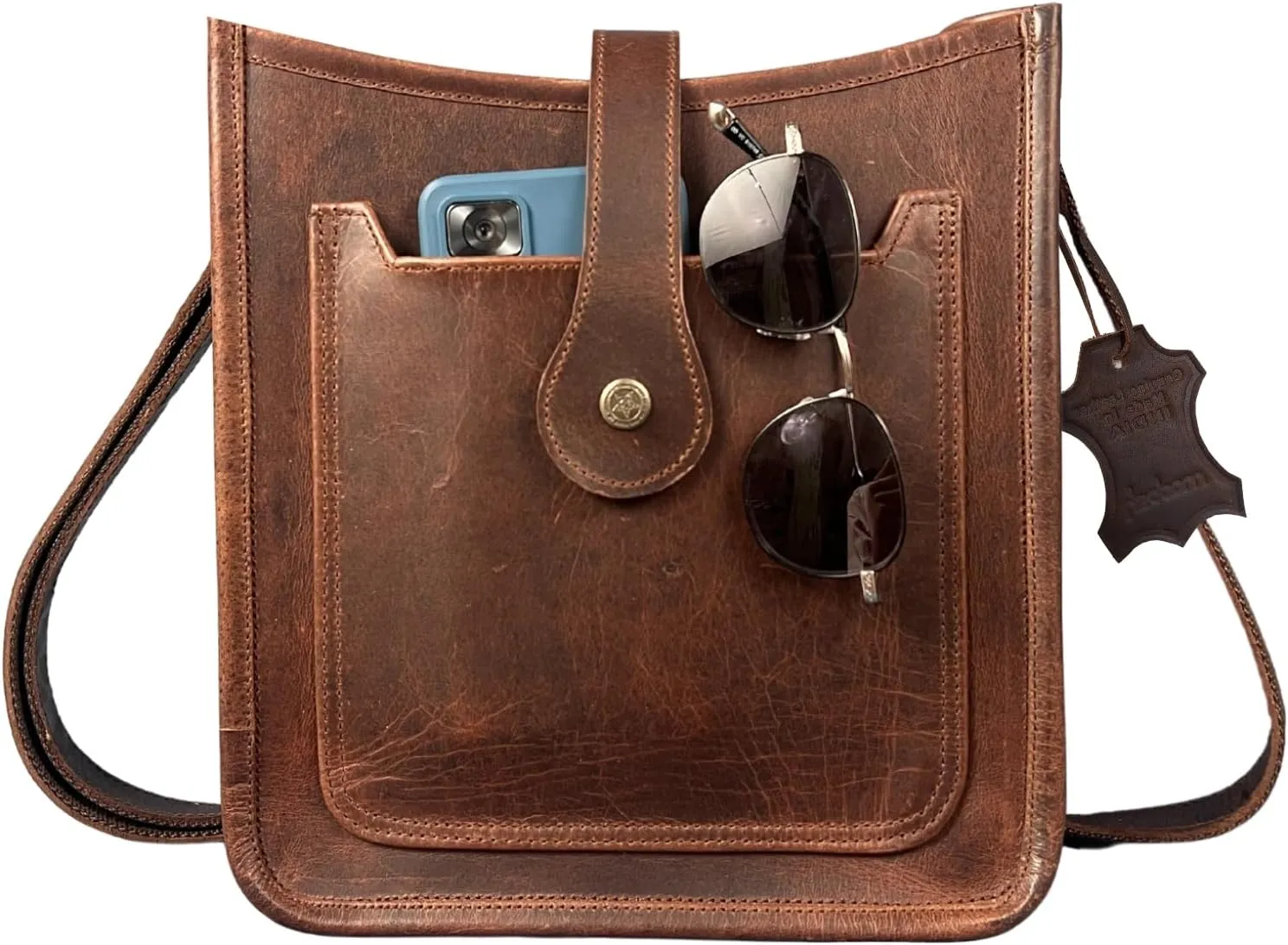 Vintage Genuine Leather Crossbody Bag  Handmade Sling Messenger Bag with Button Closure, Front Slot Pocket & Adjustable Strap | Satchel for Everyday Use
