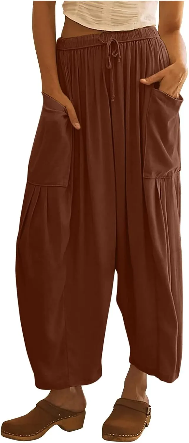 Vintage Harem Pants Women Wide Leg Linen Pants Summer Casual Baggy Lounge Pants Lightweight High Waist Capri Pants