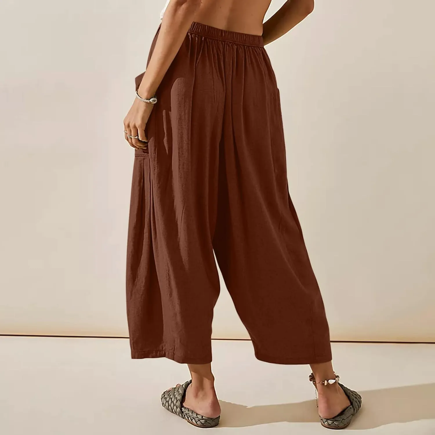 Vintage Harem Pants Women Wide Leg Linen Pants Summer Casual Baggy Lounge Pants Lightweight High Waist Capri Pants