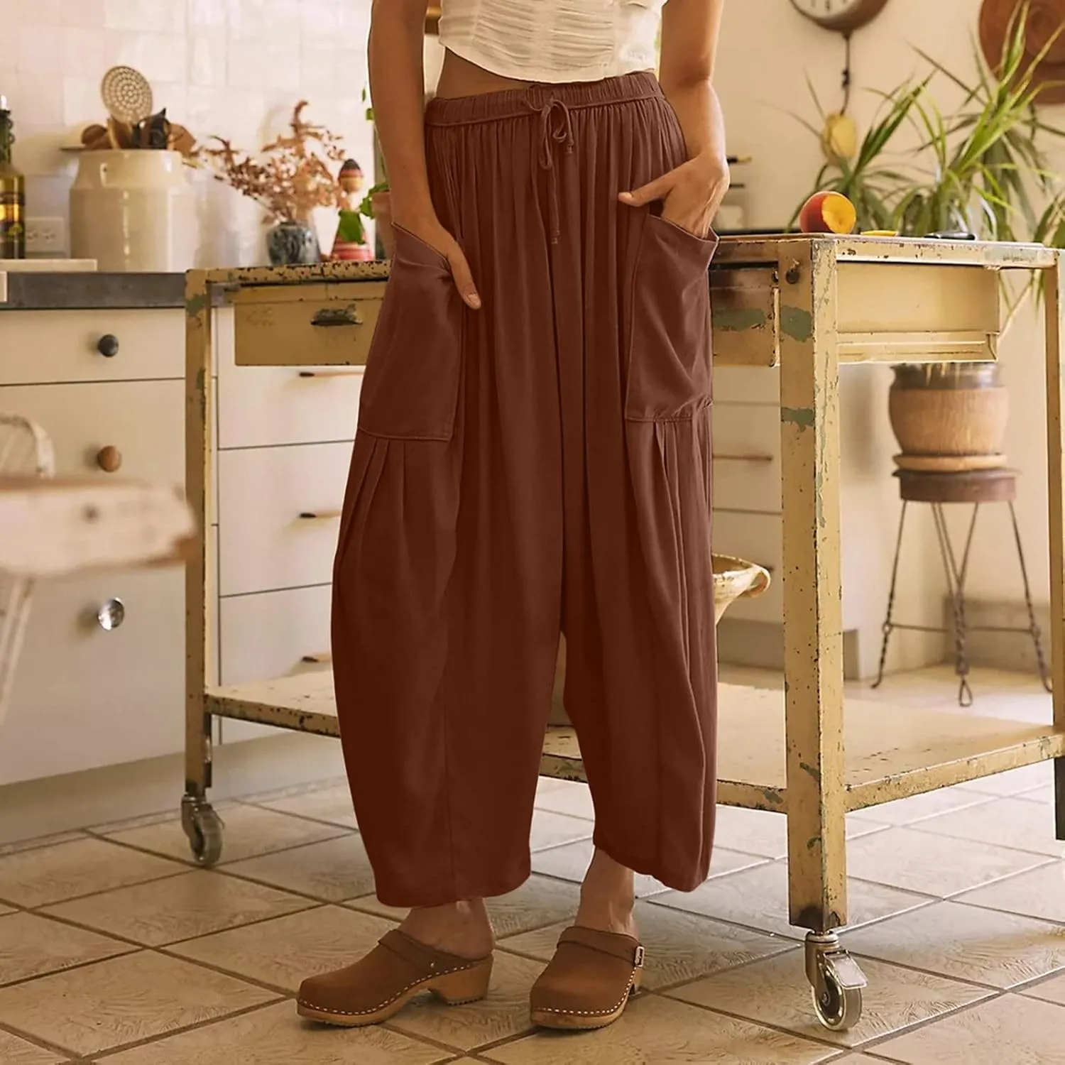 Vintage Harem Pants Women Wide Leg Linen Pants Summer Casual Baggy Lounge Pants Lightweight High Waist Capri Pants