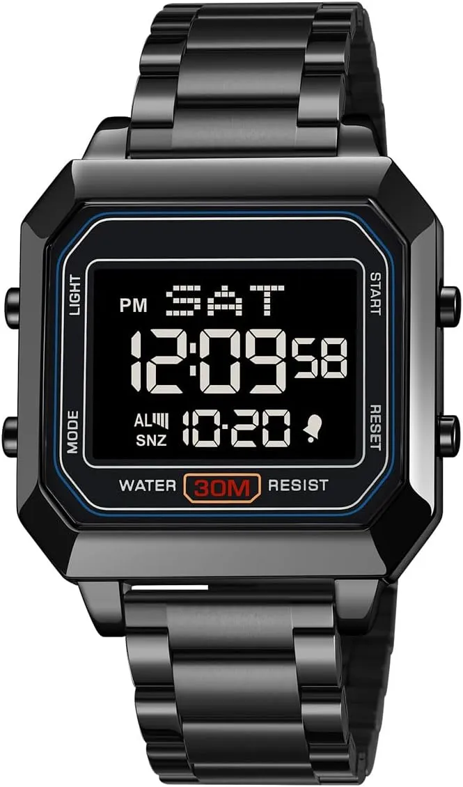 Watches for Men Multifunction Waterproof Watch Square Watch LED Digital Watch Chronograph Stainless Steel Electronic Watch
