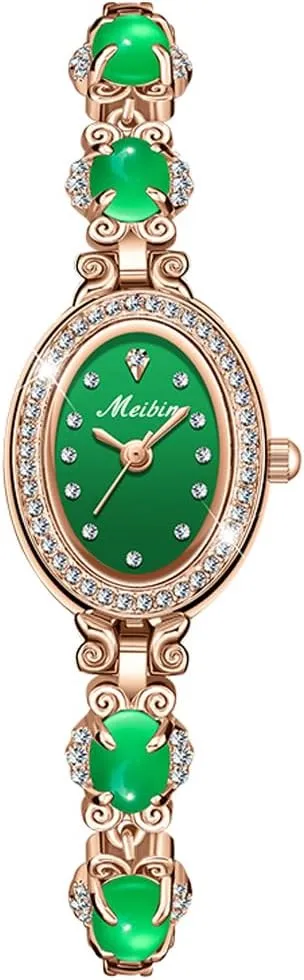 Watches for Women Green Bracelet Crystal Diamond Bangle Ladies Female Small Fashion Luxury Thin Waterproof Quartz Girls Wife Gifts Oval Gold Wrist Watch