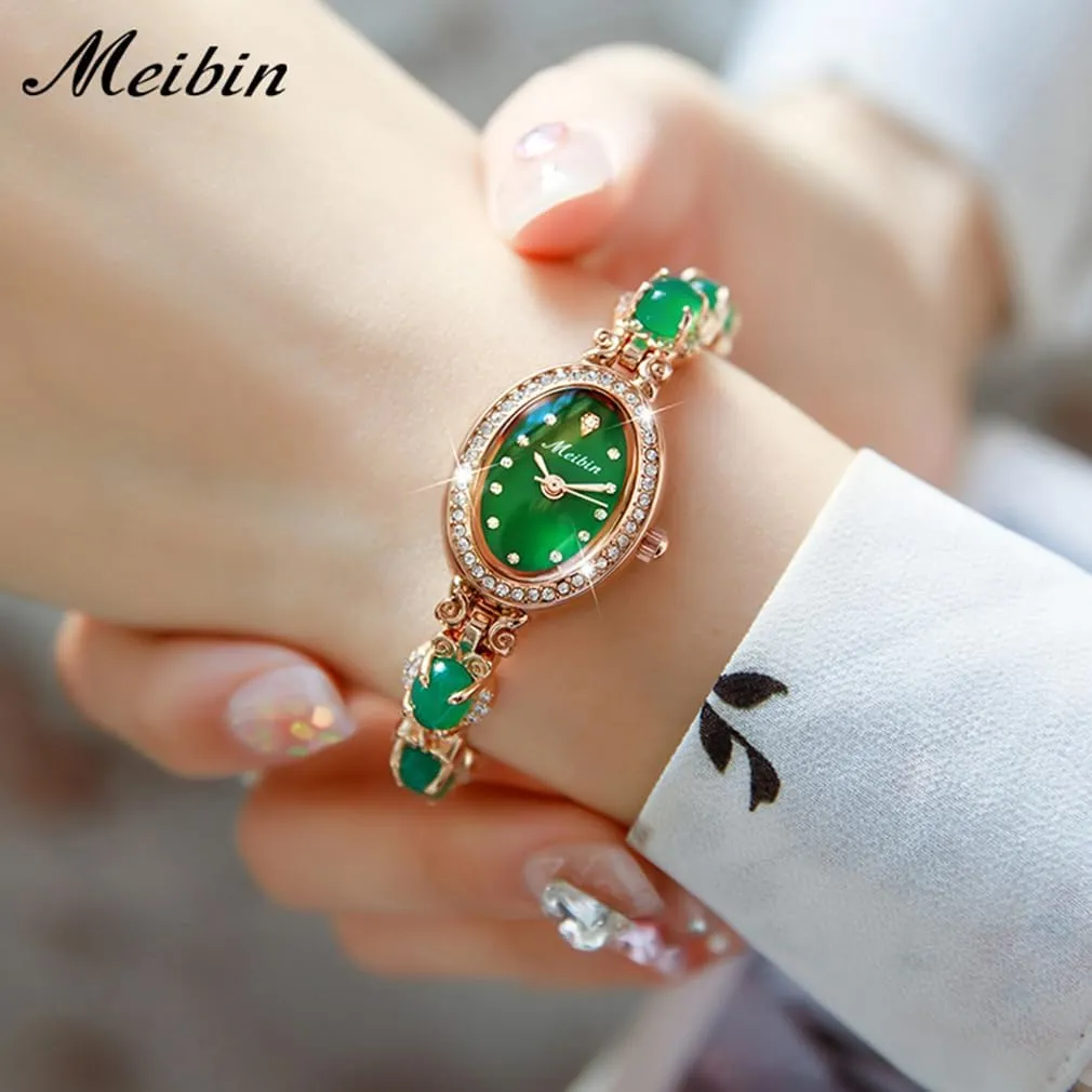 Watches for Women Green Bracelet Crystal Diamond Bangle Ladies Female Small Fashion Luxury Thin Waterproof Quartz Girls Wife Gifts Oval Gold Wrist Watch