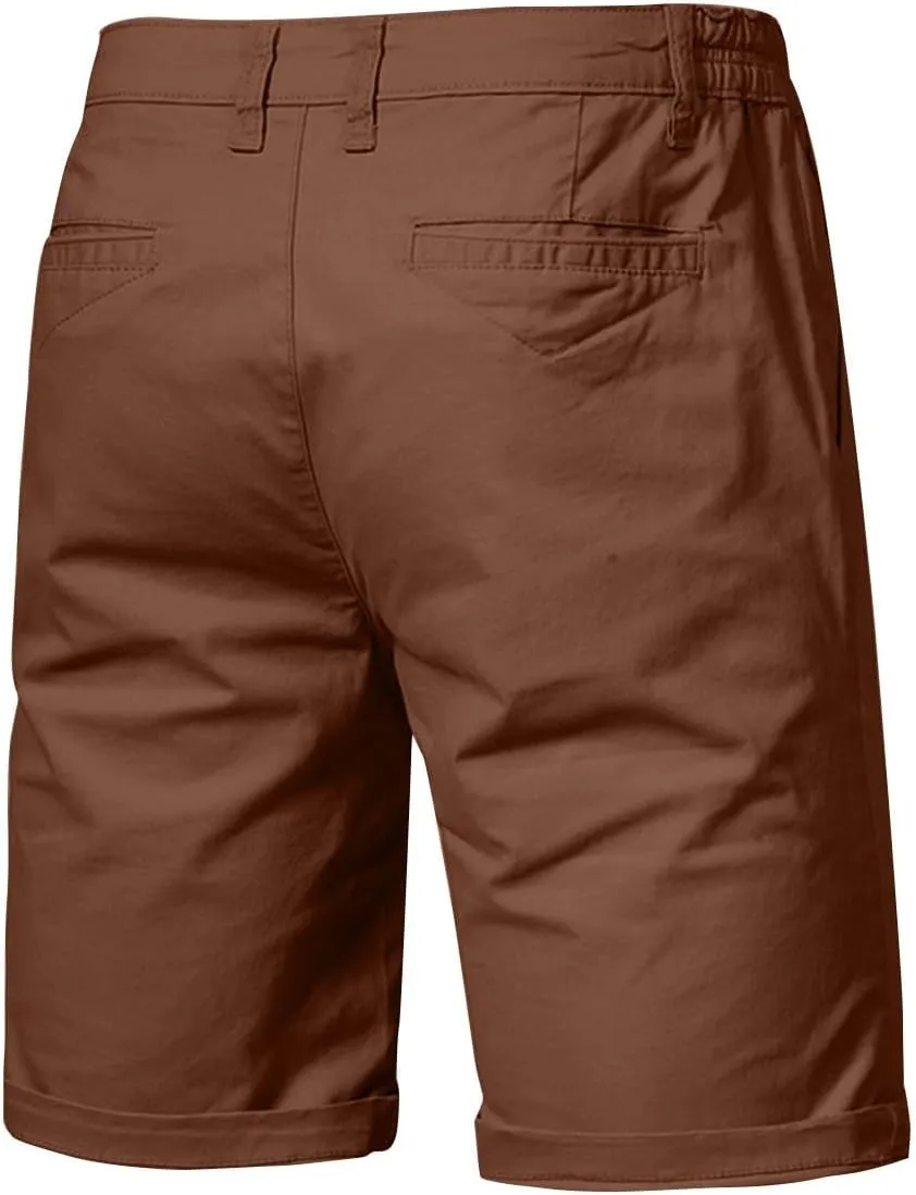 WENKOMG1 Cotton Shorts for Men Solid Chino Casual Knee Length Work Shorts Summer Slim Fit 10" Inseam Flat Front Shorts