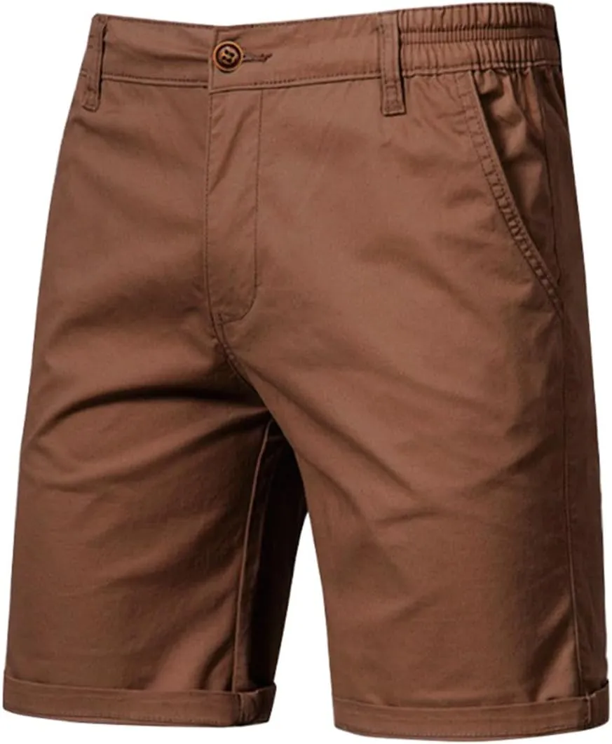 WENKOMG1 Cotton Shorts for Men Solid Chino Casual Knee Length Work Shorts Summer Slim Fit 10" Inseam Flat Front Shorts