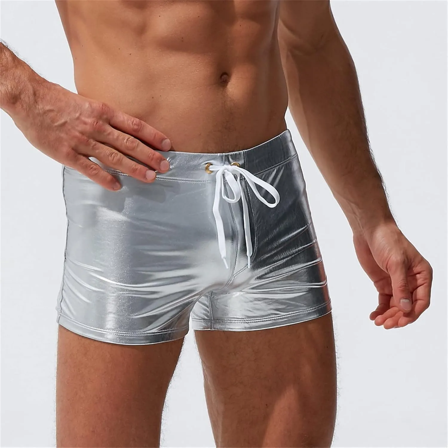 WENKOMG1 Mens Metallic Color Swim Shorts,Gold and Silver Reflective Swim Trunks Patent Leather Beach Shorts for Men