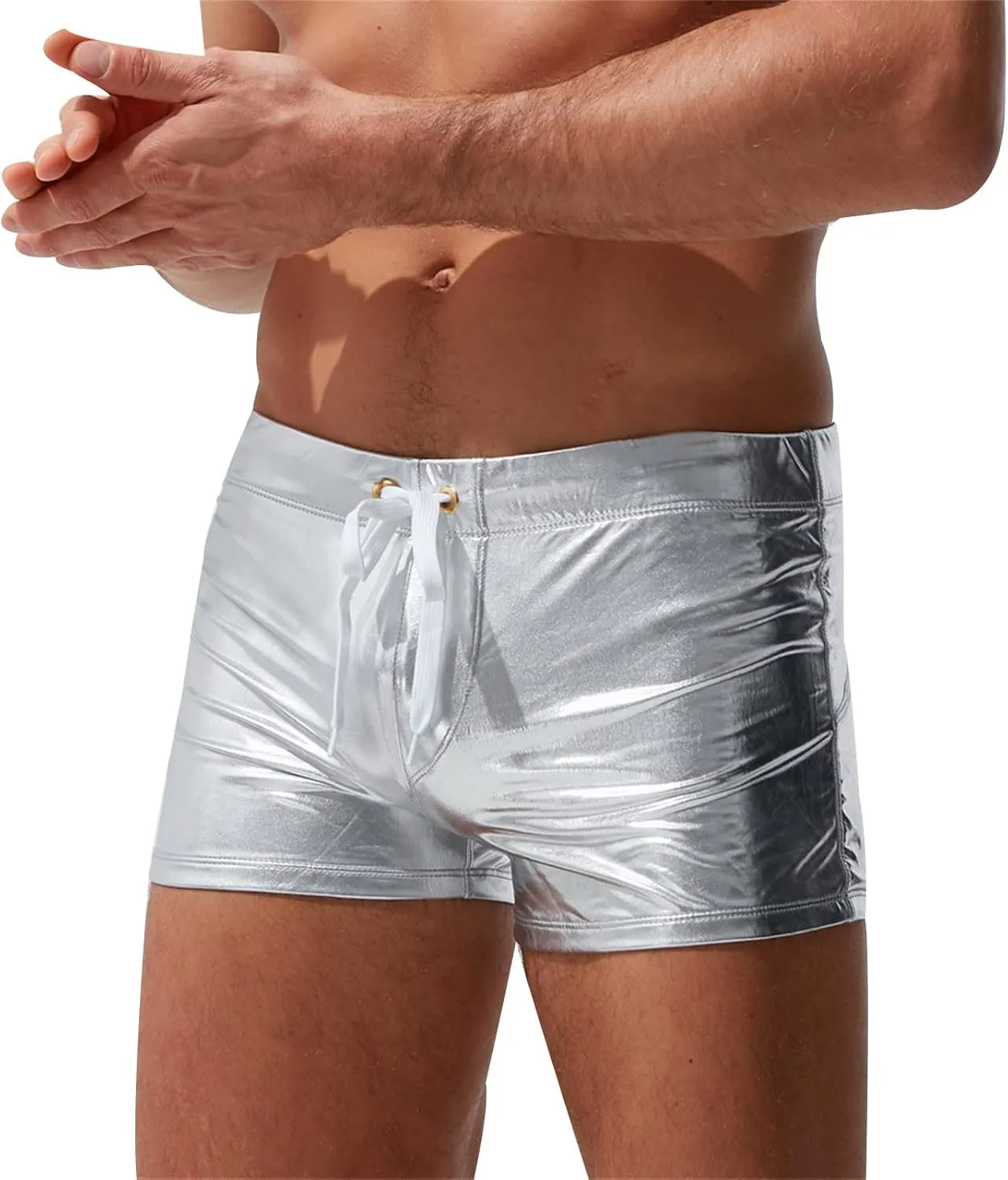 WENKOMG1 Mens Metallic Color Swim Shorts,Gold and Silver Reflective Swim Trunks Patent Leather Beach Shorts for Men