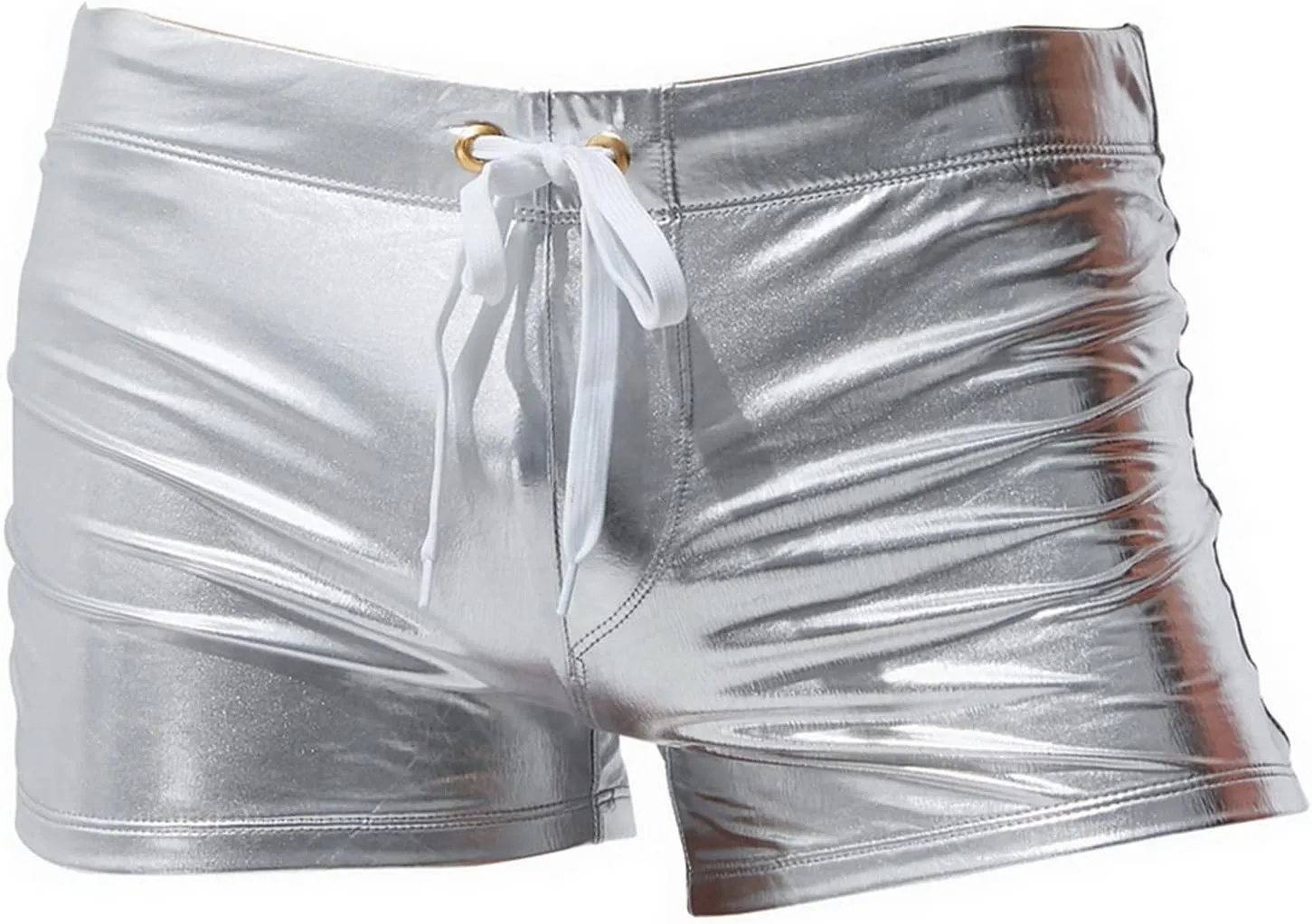 WENKOMG1 Mens Metallic Color Swim Shorts,Gold and Silver Reflective Swim Trunks Patent Leather Beach Shorts for Men
