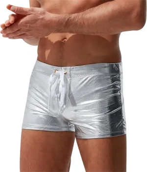 WENKOMG1 Mens Metallic Color Swim Shorts,Gold and Silver Reflective Swim Trunks Patent Leather Beach Shorts for Men