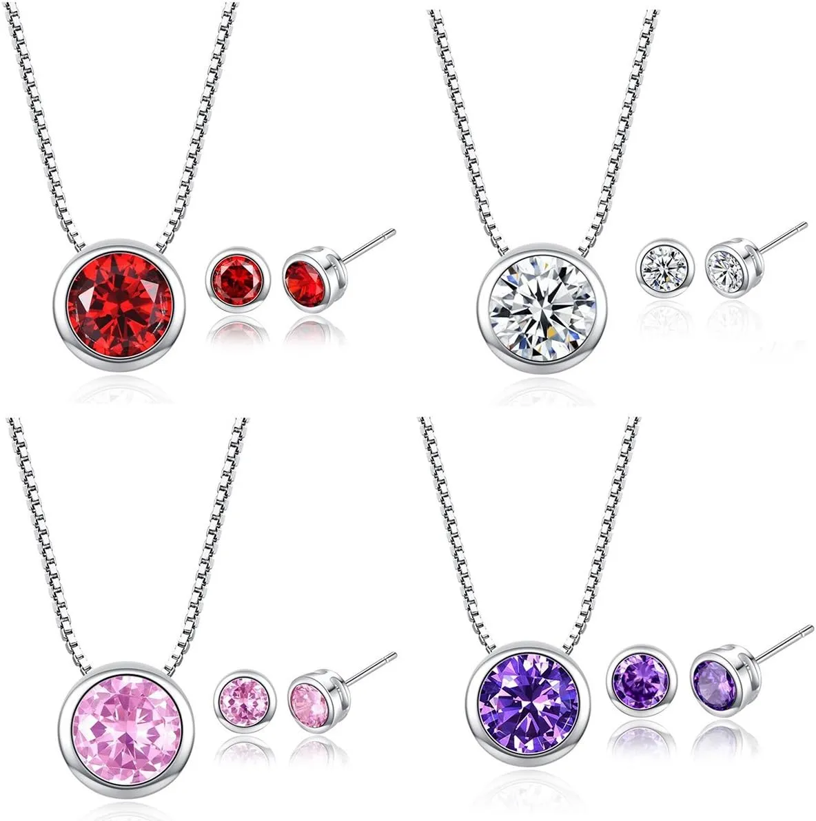 White Gold-Plated Stainless Steel Round Cut Stud Earrings   Necklace Set