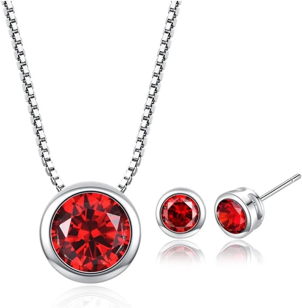 White Gold-Plated Stainless Steel Round Cut Stud Earrings   Necklace Set
