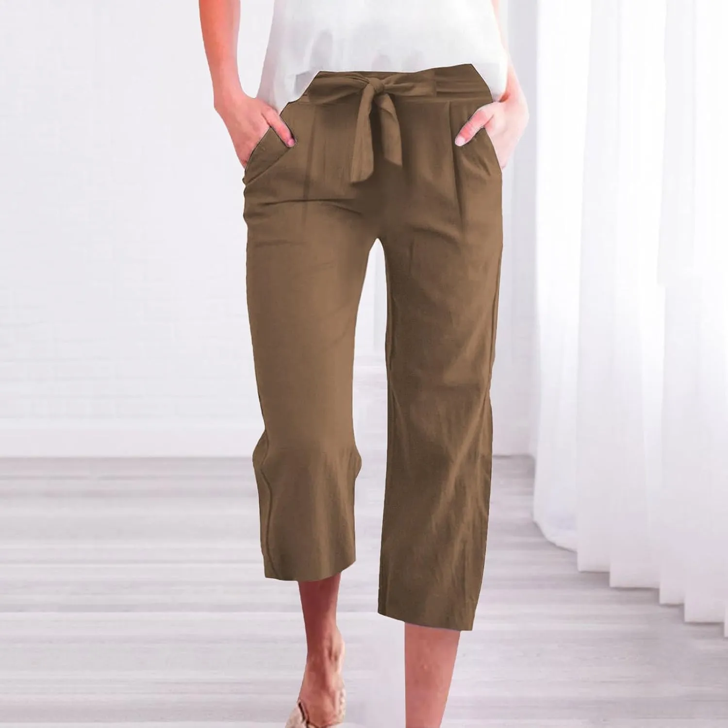 Wide Leg Capri Pants for Women High Waist Linen Casual Pant 2025 Summer Drawstring Elastic Plus Size Lounge Trouser