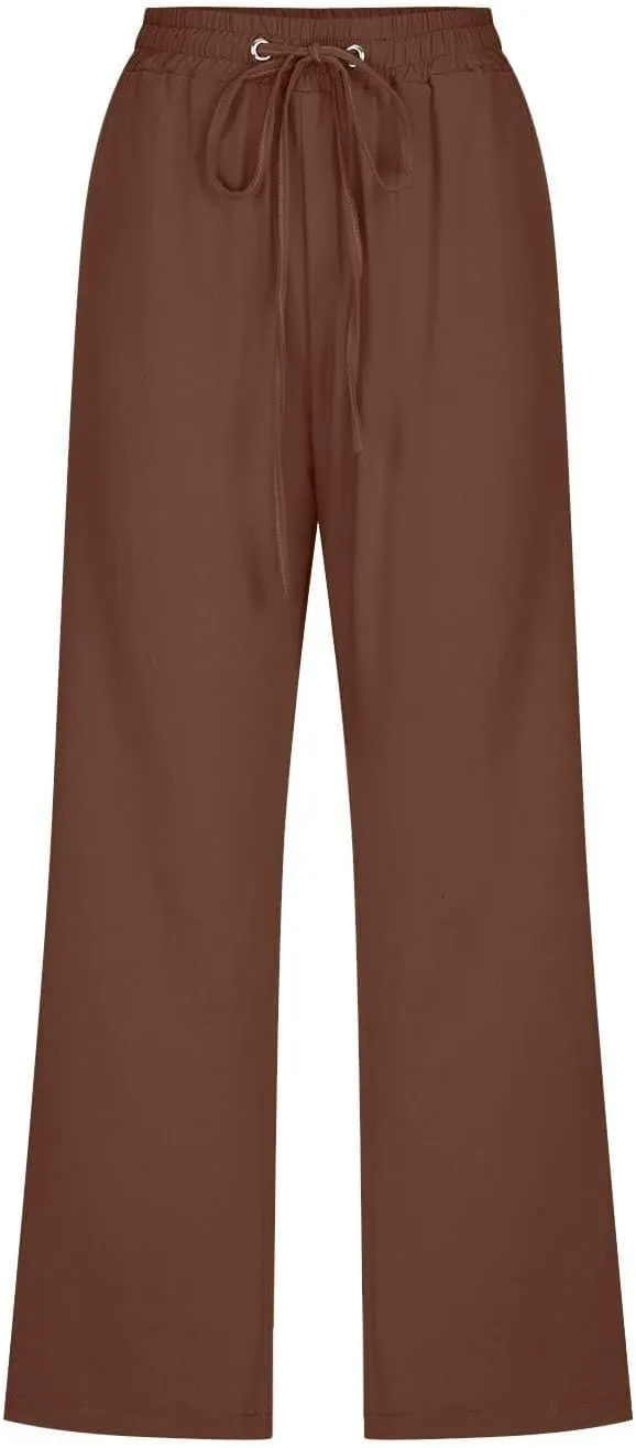 Wide Leg Capri Pants for Women High Waist Linen Casual Pant 2025 Summer Drawstring Elastic Plus Size Lounge Trouser