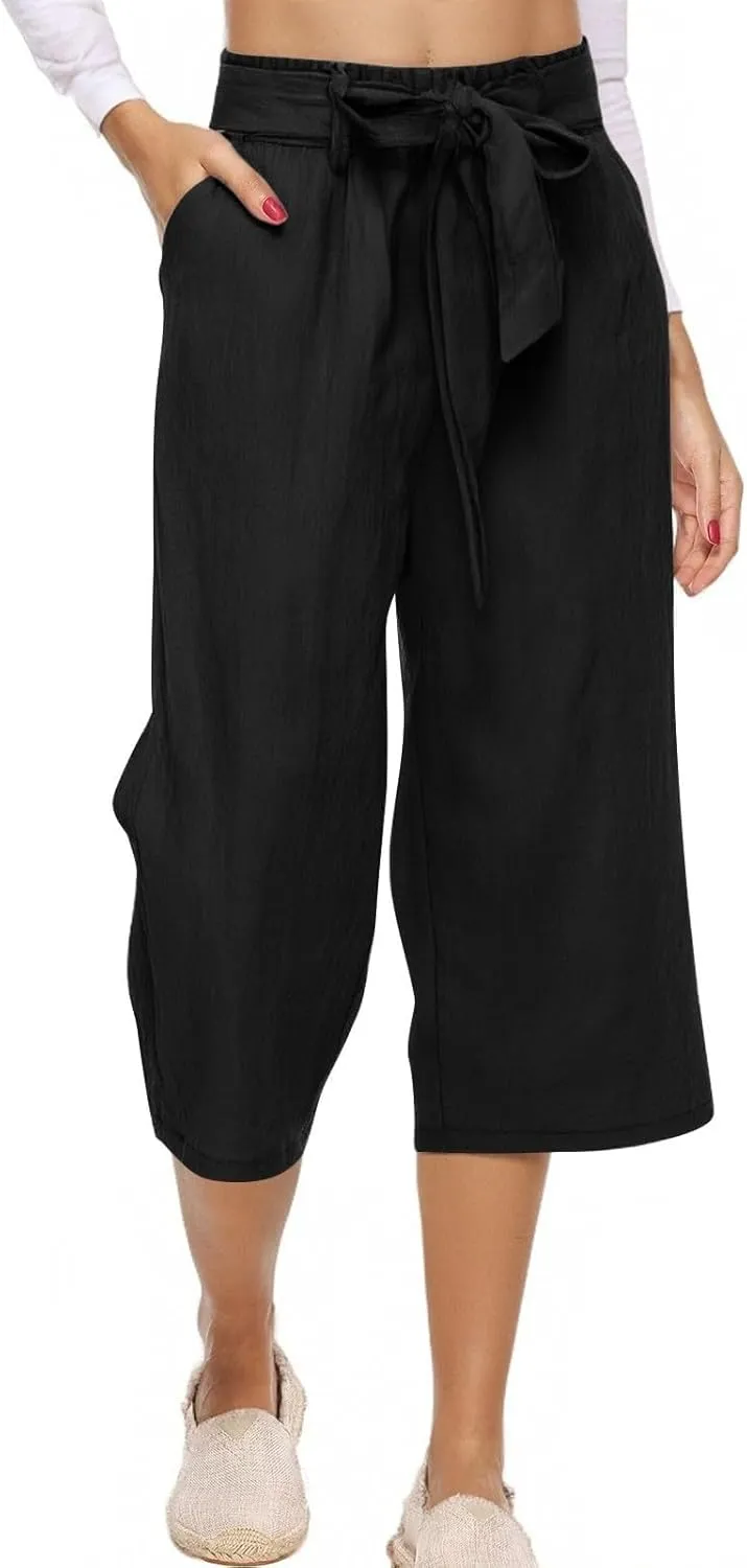 Wide Leg Capri Pants for Women High Waist Linen Casual Pant 2025 Summer Drawstring Elastic Plus Size Lounge Trouser
