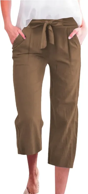 Wide Leg Capri Pants for Women High Waist Linen Casual Pant 2025 Summer Drawstring Elastic Plus Size Lounge Trouser
