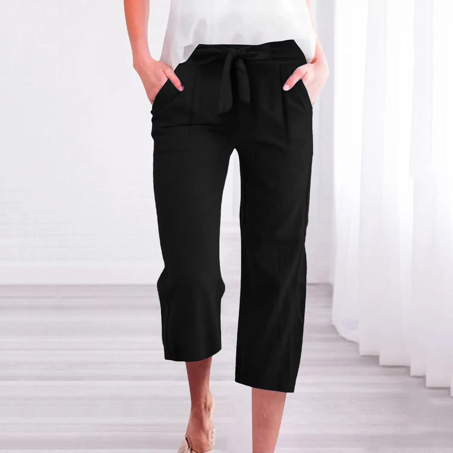 Wide Leg Capri Pants for Women High Waist Linen Casual Pant 2025 Summer Drawstring Elastic Plus Size Lounge Trouser