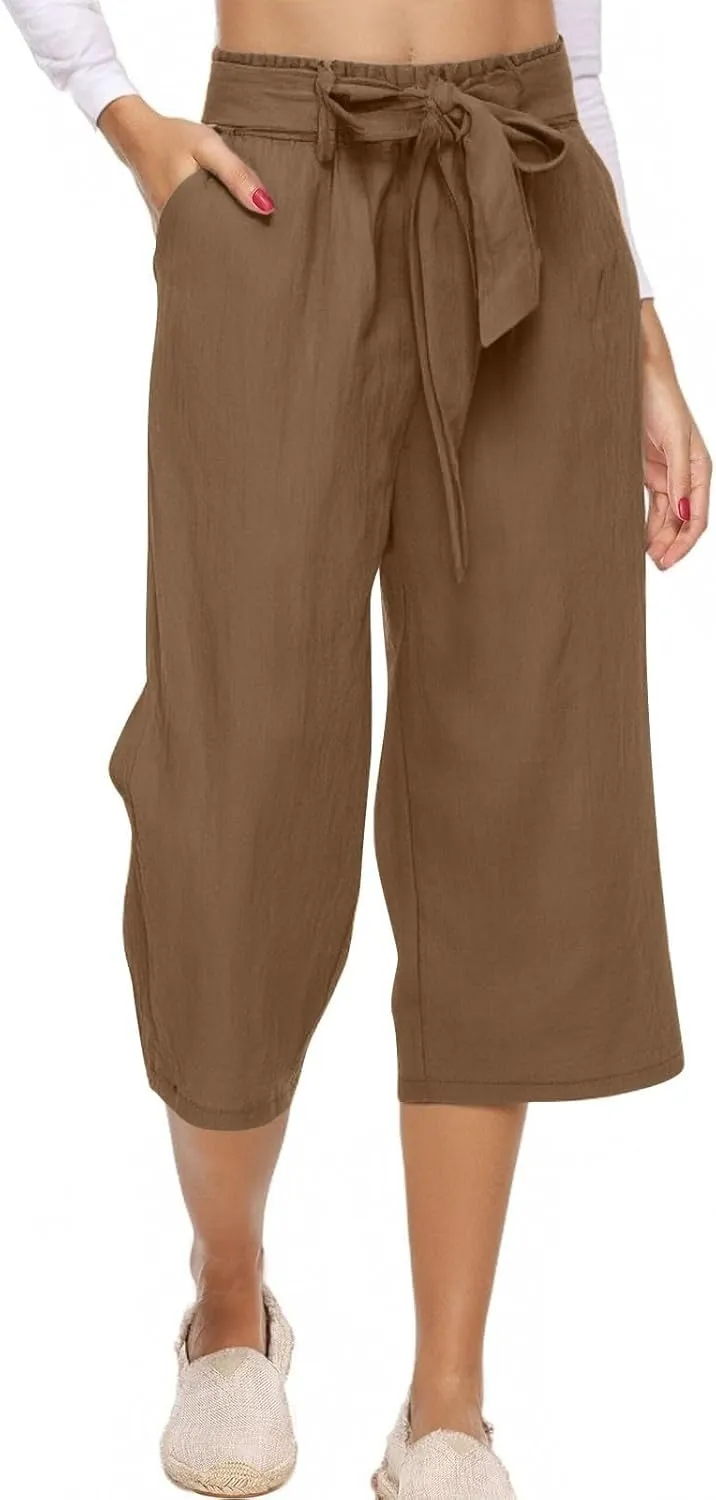 Wide Leg Capri Pants for Women High Waist Linen Casual Pant 2025 Summer Drawstring Elastic Plus Size Lounge Trouser