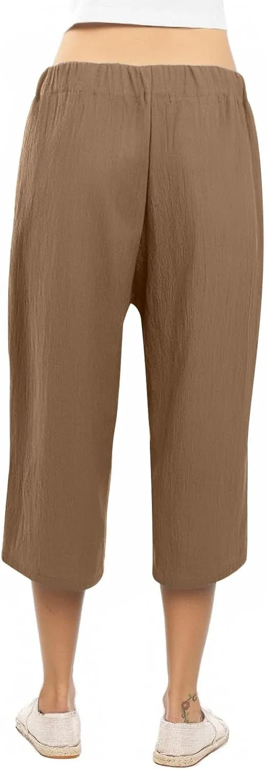 Wide Leg Capri Pants for Women High Waist Linen Casual Pant 2025 Summer Drawstring Elastic Plus Size Lounge Trouser