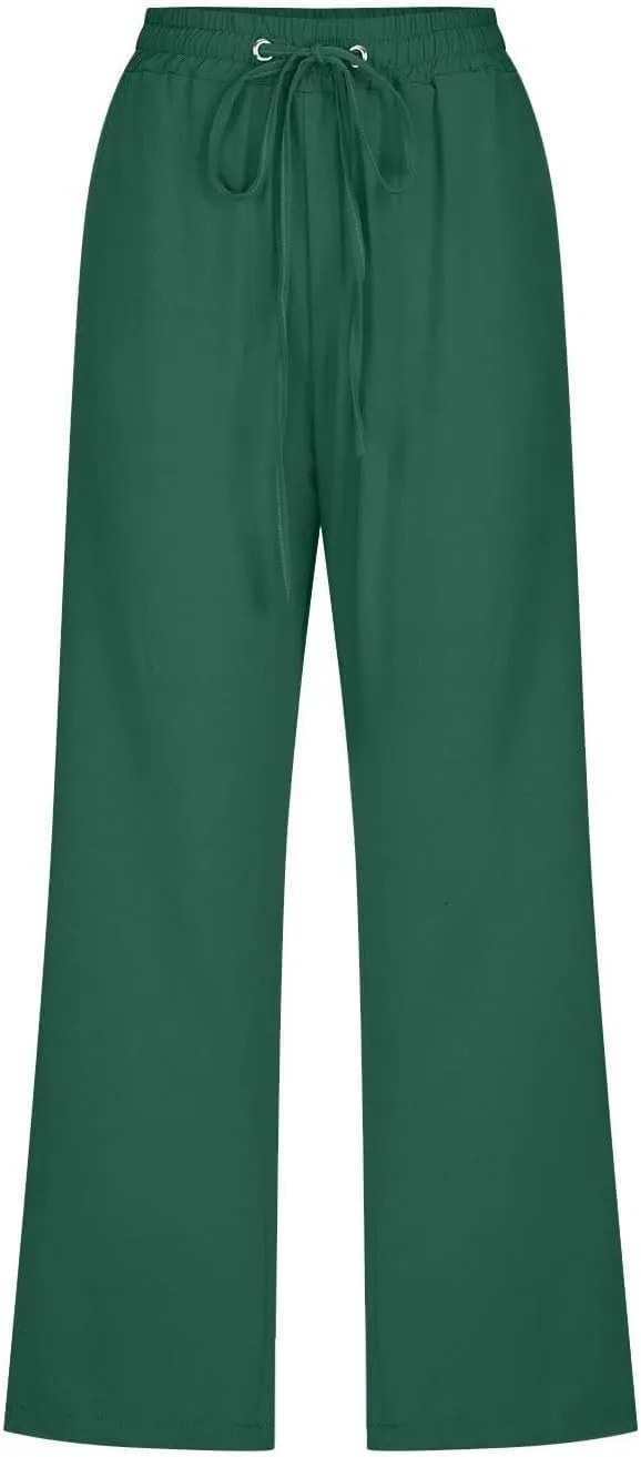 Wide Leg Capri Pants for Women High Waist Linen Casual Pant 2025 Summer Drawstring Elastic Plus Size Lounge Trouser