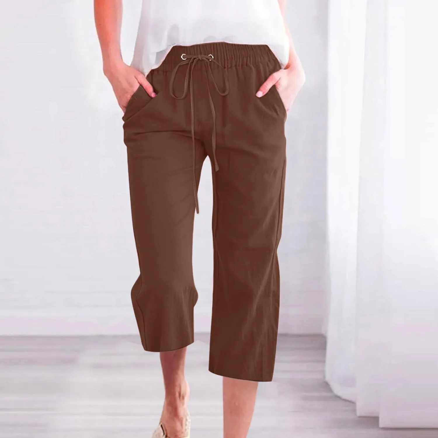 Wide Leg Capri Pants for Women High Waist Linen Casual Pant 2025 Summer Drawstring Elastic Plus Size Lounge Trouser