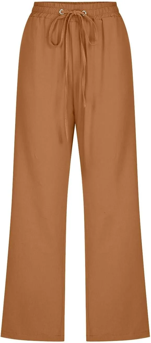 Wide Leg Capri Pants for Women High Waist Linen Casual Pant 2025 Summer Drawstring Elastic Plus Size Lounge Trouser