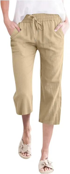 Wide Leg Capri Pants for Women High Waist Linen Casual Pant 2025 Summer Drawstring Elastic Plus Size Lounge Trouser
