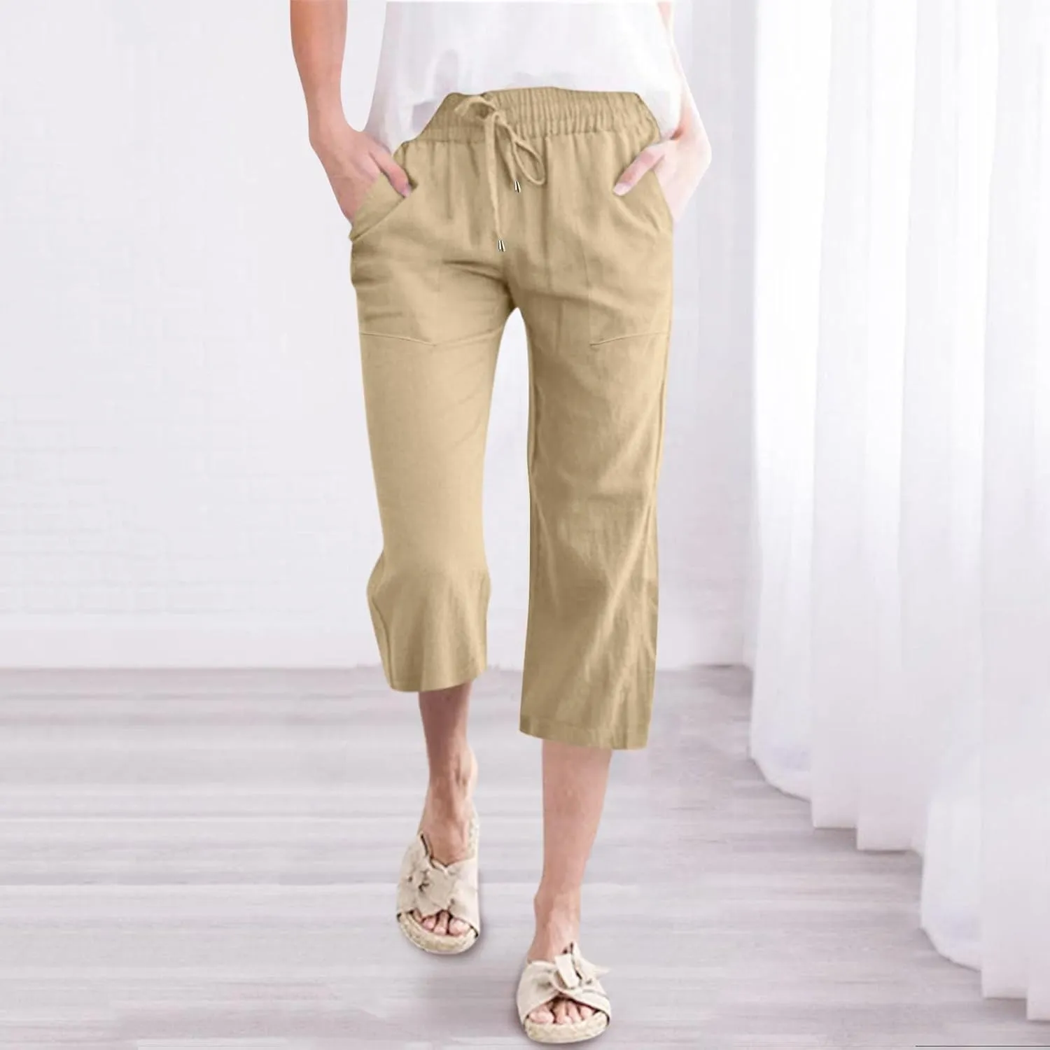Wide Leg Capri Pants for Women High Waist Linen Casual Pant 2025 Summer Drawstring Elastic Plus Size Lounge Trouser