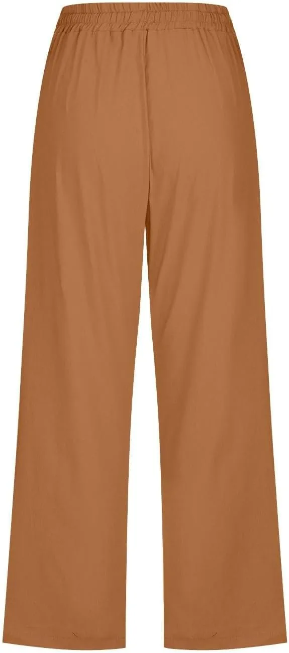 Wide Leg Capri Pants for Women High Waist Linen Casual Pant 2025 Summer Drawstring Elastic Plus Size Lounge Trouser