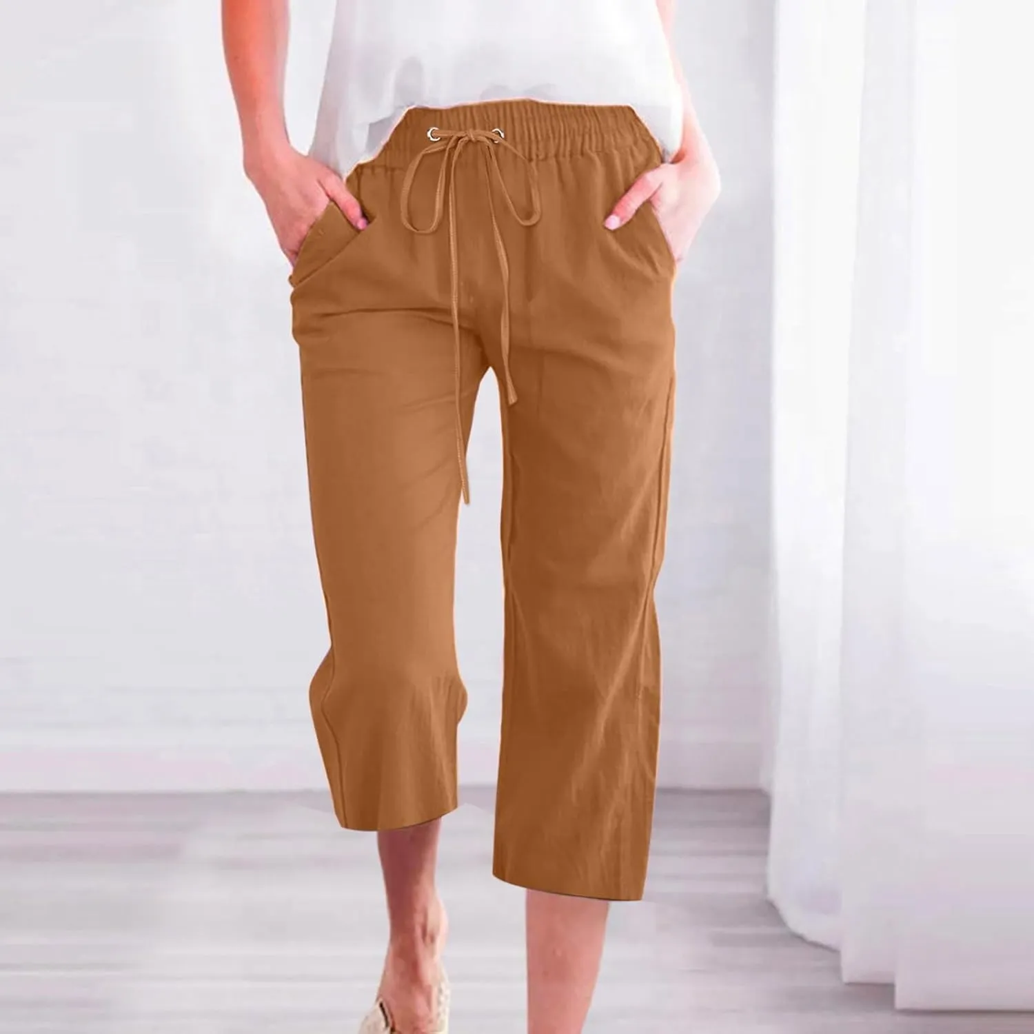 Wide Leg Capri Pants for Women High Waist Linen Casual Pant 2025 Summer Drawstring Elastic Plus Size Lounge Trouser