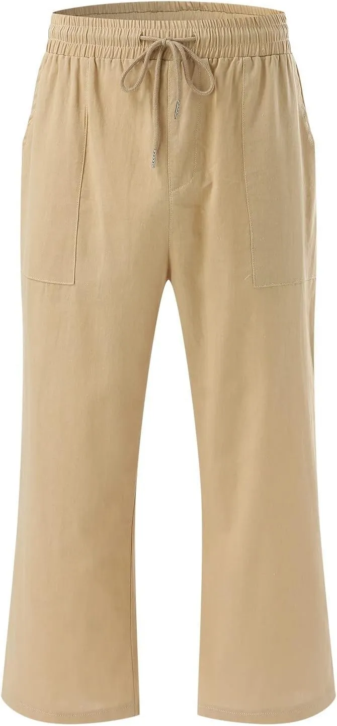 Wide Leg Capri Pants for Women High Waist Linen Casual Pant 2025 Summer Drawstring Elastic Plus Size Lounge Trouser