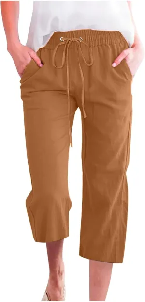 Wide Leg Capri Pants for Women High Waist Linen Casual Pant 2025 Summer Drawstring Elastic Plus Size Lounge Trouser