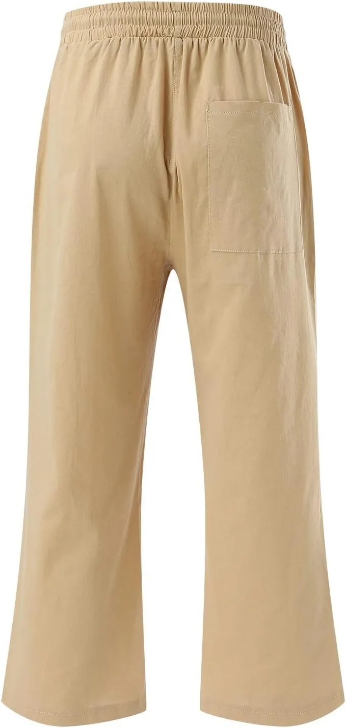 Wide Leg Capri Pants for Women High Waist Linen Casual Pant 2025 Summer Drawstring Elastic Plus Size Lounge Trouser