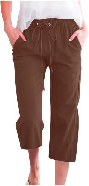 Wide Leg Capri Pants for Women High Waist Linen Casual Pant 2025 Summer Drawstring Elastic Plus Size Lounge Trouser
