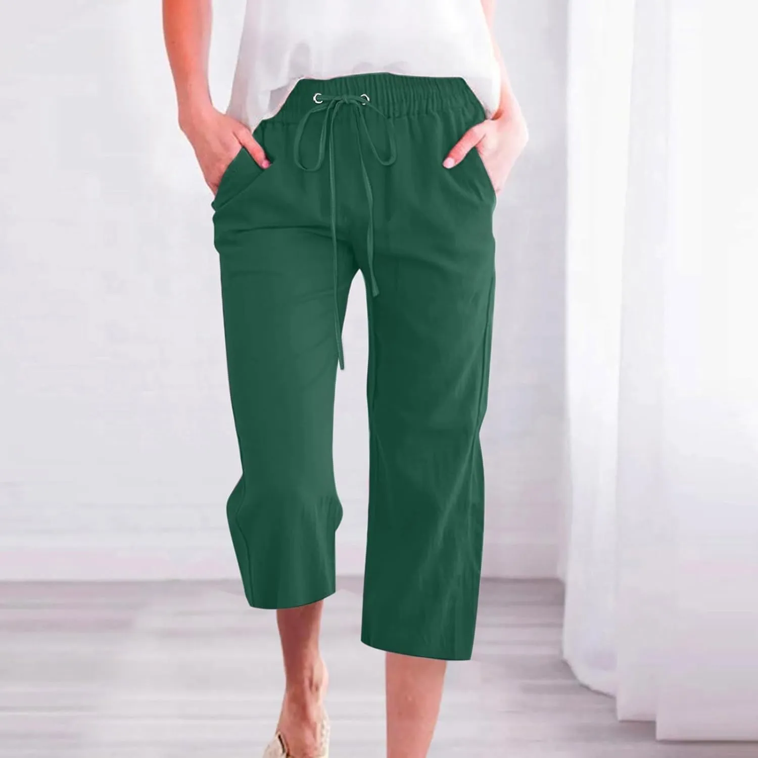 Wide Leg Capri Pants for Women High Waist Linen Casual Pant 2025 Summer Drawstring Elastic Plus Size Lounge Trouser