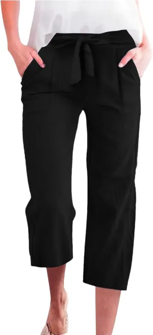 Wide Leg Capri Pants for Women High Waist Linen Casual Pant 2025 Summer Drawstring Elastic Plus Size Lounge Trouser
