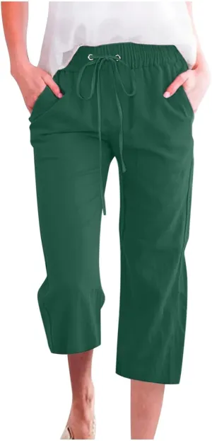 Wide Leg Capri Pants for Women High Waist Linen Casual Pant 2025 Summer Drawstring Elastic Plus Size Lounge Trouser
