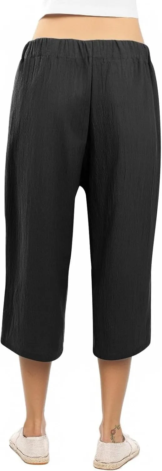 Wide Leg Capri Pants for Women High Waist Linen Casual Pant 2025 Summer Drawstring Elastic Plus Size Lounge Trouser