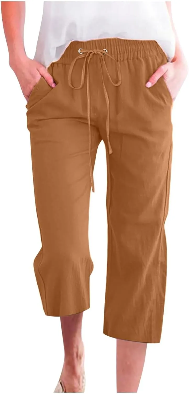 Wide Leg Capri Pants for Women High Waist Linen Casual Pant 2025 Summer Drawstring Elastic Plus Size Lounge Trouser