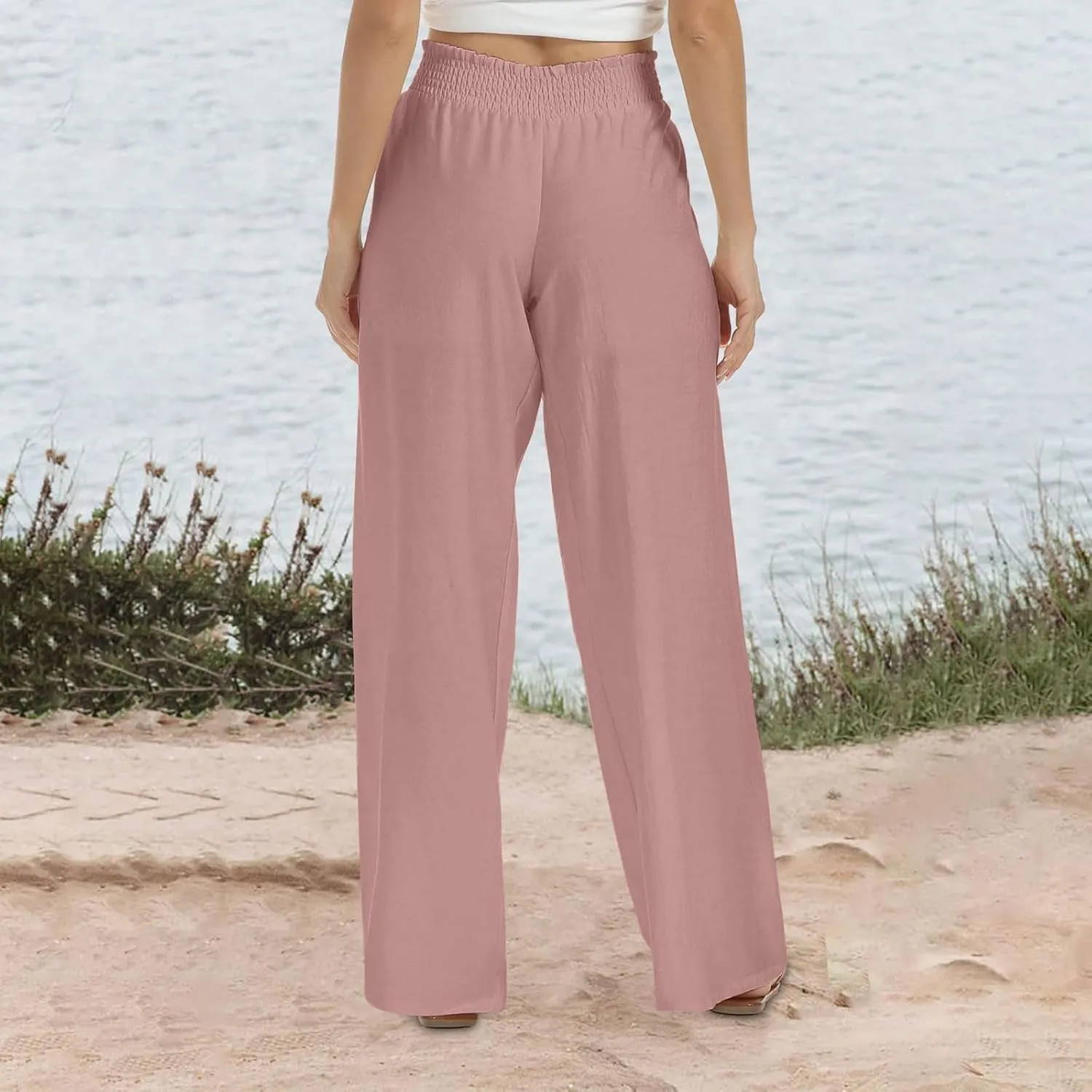 Wide Leg Pants for Women Lightweight Breathable Cotton Linen Pant Trendy Stretch Waist Solid Loose Lounge Pants