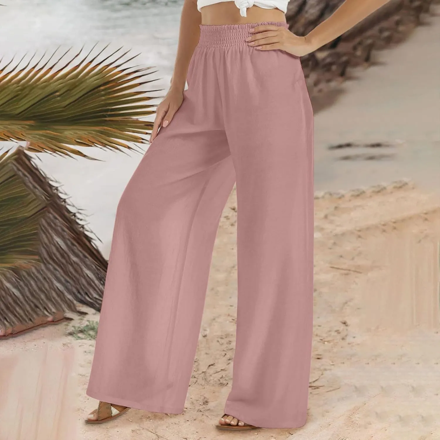 Wide Leg Pants for Women Lightweight Breathable Cotton Linen Pant Trendy Stretch Waist Solid Loose Lounge Pants